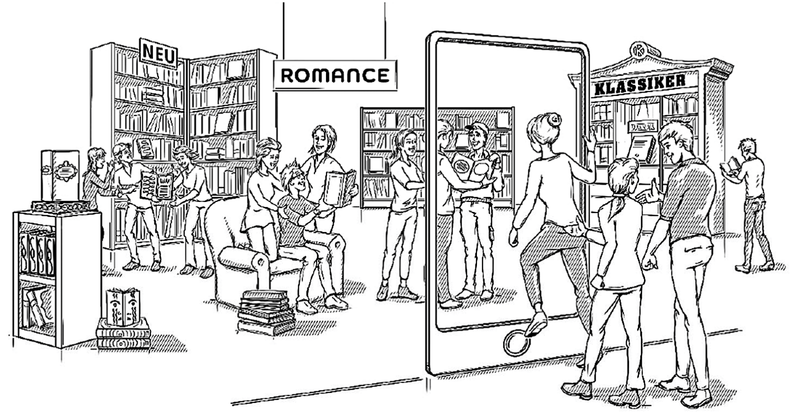 Buchladen mit Lesenden, Schildern 'Romance'/'Klassiker' und Person, die durch großes Smartphone-Display steigt.